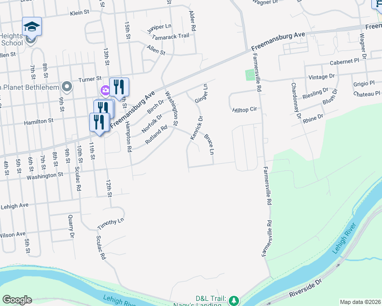 map of restaurants, bars, coffee shops, grocery stores, and more near 3942 Kenrick Drive in Bethlehem
