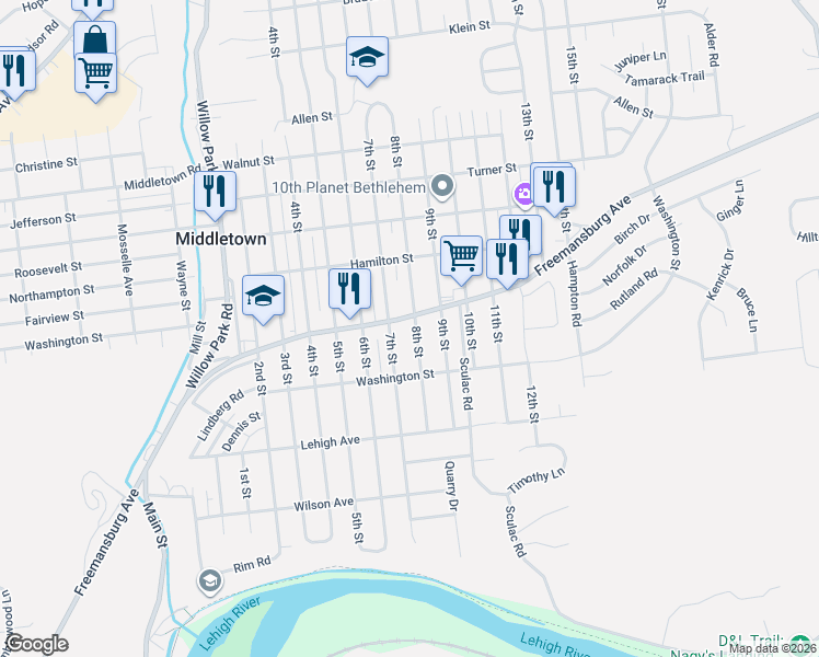 map of restaurants, bars, coffee shops, grocery stores, and more near 1740 7th Street in Bethlehem