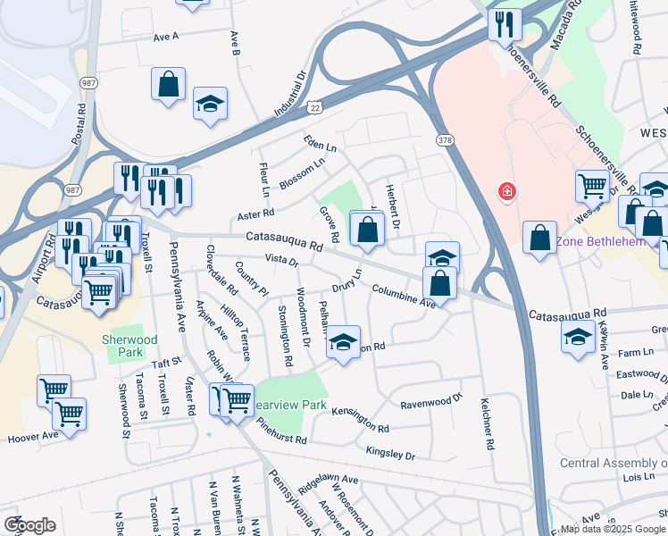 map of restaurants, bars, coffee shops, grocery stores, and more near 2010 Vista Drive in Bethlehem