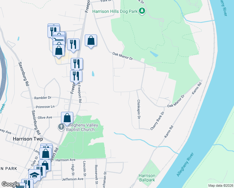 map of restaurants, bars, coffee shops, grocery stores, and more near 136 Allegheny Drive in Natrona Heights