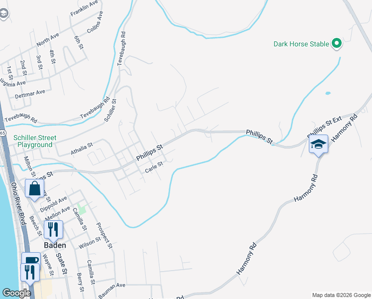 map of restaurants, bars, coffee shops, grocery stores, and more near 1020 Charles Street in Baden