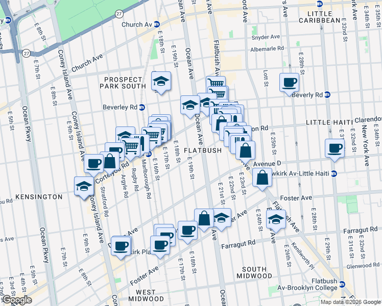 map of restaurants, bars, coffee shops, grocery stores, and more near 1901 Dorchester Road in Brooklyn