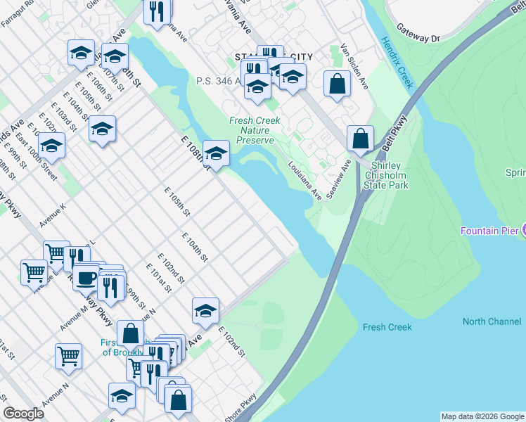 map of restaurants, bars, coffee shops, grocery stores, and more near 10830 Avenue North in Brooklyn