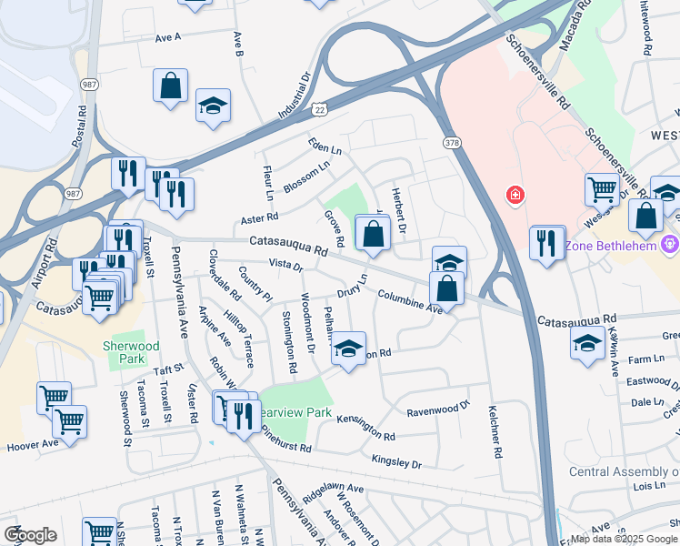 map of restaurants, bars, coffee shops, grocery stores, and more near 2010 Vista Drive in Bethlehem