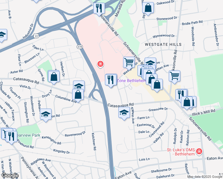map of restaurants, bars, coffee shops, grocery stores, and more near 2045 Westgate Drive in Bethlehem