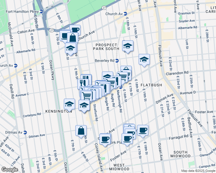 map of restaurants, bars, coffee shops, grocery stores, and more near 330 Rugby Road in Brooklyn