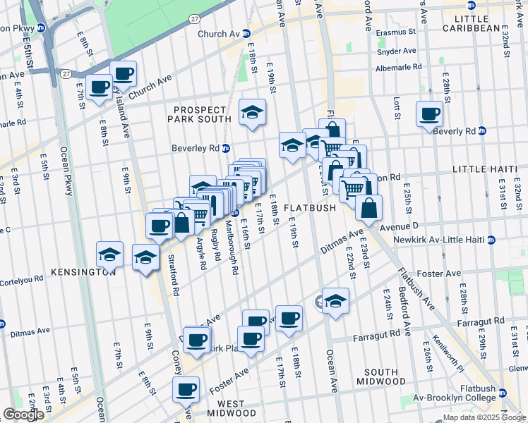map of restaurants, bars, coffee shops, grocery stores, and more near 383 East 17th Street in Brooklyn