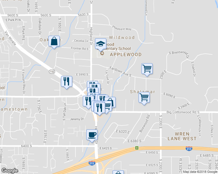 map of restaurants, bars, coffee shops, grocery stores, and more near 6048 South 2075 East in Holladay