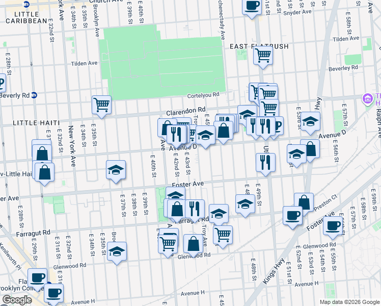 map of restaurants, bars, coffee shops, grocery stores, and more near 581 East 42nd Street in Brooklyn