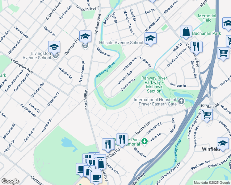 map of restaurants, bars, coffee shops, grocery stores, and more near 52 Crane Parkway in Cranford