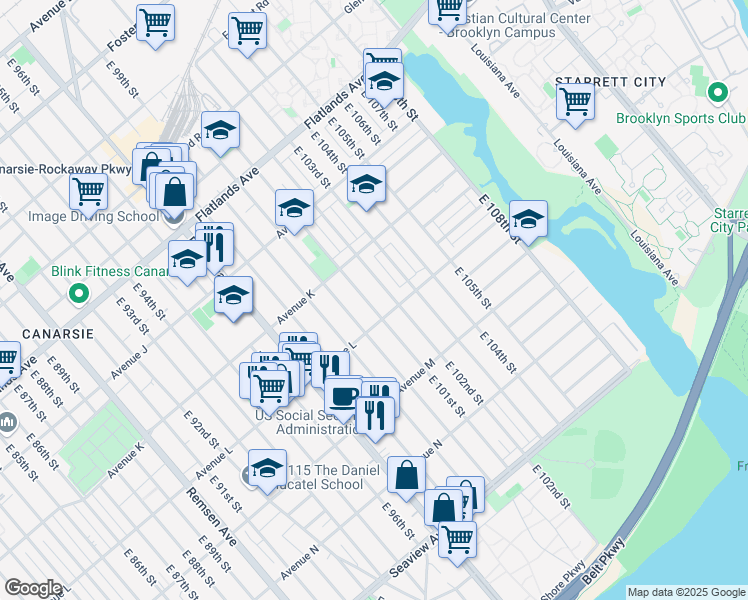 map of restaurants, bars, coffee shops, grocery stores, and more near 1161 East 101st Street in Brooklyn