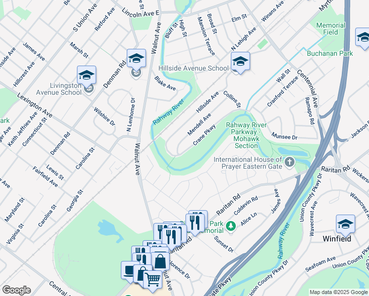 map of restaurants, bars, coffee shops, grocery stores, and more near 52 Crane Parkway in Cranford