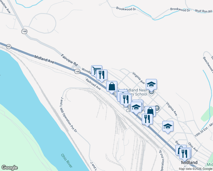 map of restaurants, bars, coffee shops, grocery stores, and more near 365 Midland Avenue in Midland