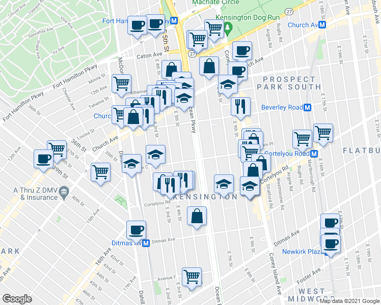map of restaurants, bars, coffee shops, grocery stores, and more near 320 Ocean Parkway in Brooklyn