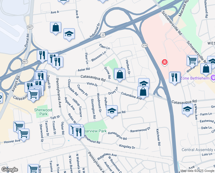 map of restaurants, bars, coffee shops, grocery stores, and more near 2032 Vista Drive in Bethlehem