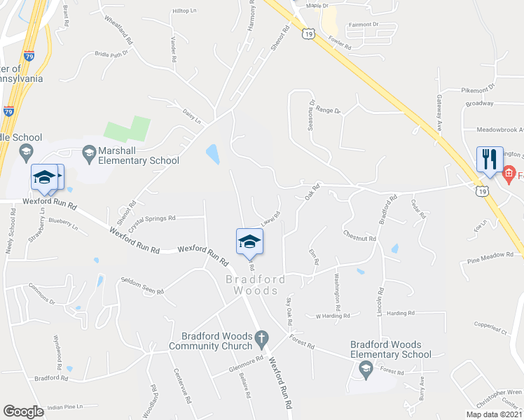 map of restaurants, bars, coffee shops, grocery stores, and more near 31 Laurel Road in Bradford Woods