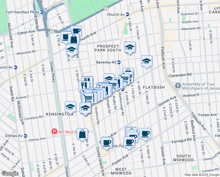 map of restaurants, bars, coffee shops, grocery stores, and more near 330 Rugby Road in Brooklyn