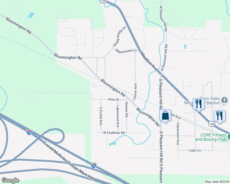 map of restaurants, bars, coffee shops, grocery stores, and more near 200 Pine Street in East Peoria