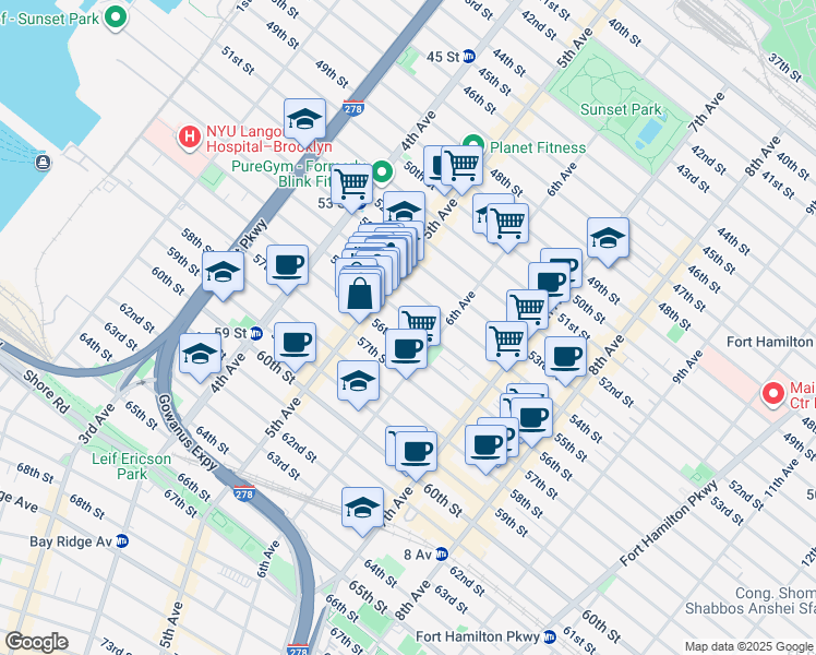 map of restaurants, bars, coffee shops, grocery stores, and more near 550 55th Street in Brooklyn