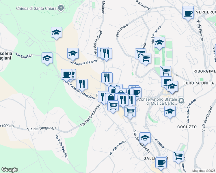 map of restaurants, bars, coffee shops, grocery stores, and more near Via dei Molinari in Potenza