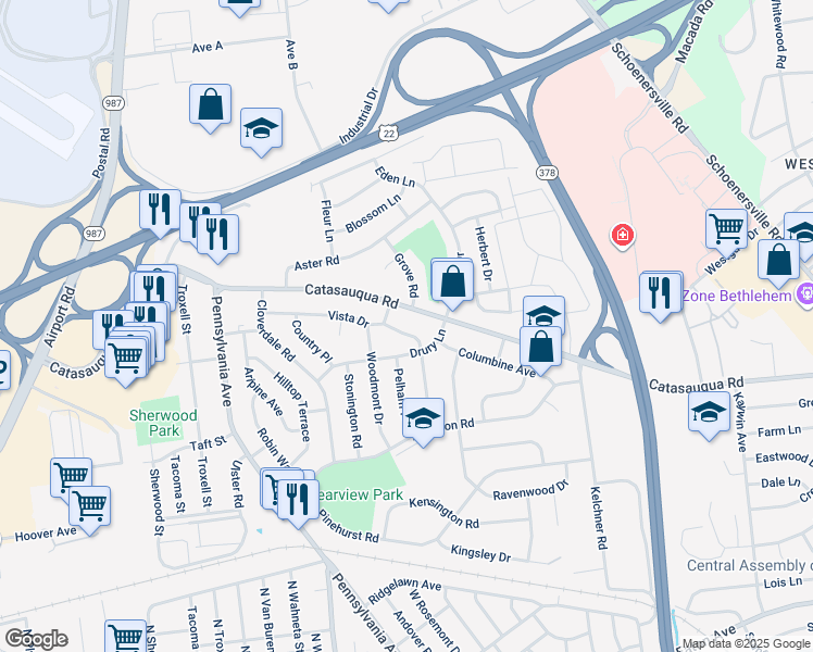 map of restaurants, bars, coffee shops, grocery stores, and more near 2032 Vista Drive in Bethlehem