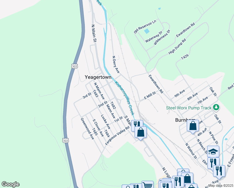map of restaurants, bars, coffee shops, grocery stores, and more near 7 North Main Street in Yeagertown