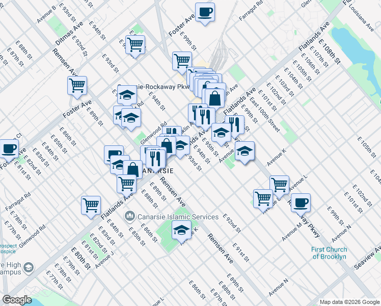 map of restaurants, bars, coffee shops, grocery stores, and more near 1190 East 93rd Street in Brooklyn