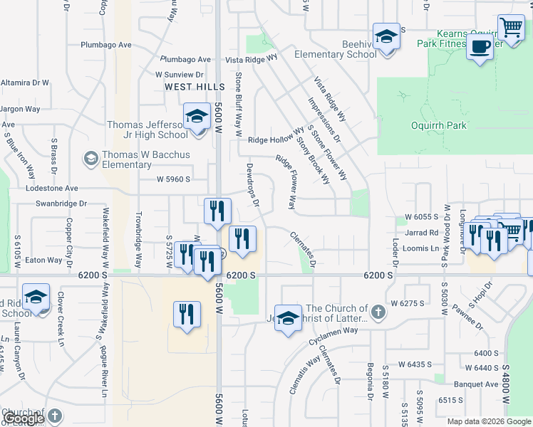 map of restaurants, bars, coffee shops, grocery stores, and more near Sunbury Way in Kearns