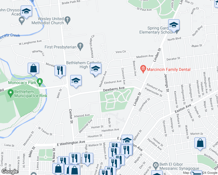 map of restaurants, bars, coffee shops, grocery stores, and more near 443 Dewberry Avenue in Bethlehem