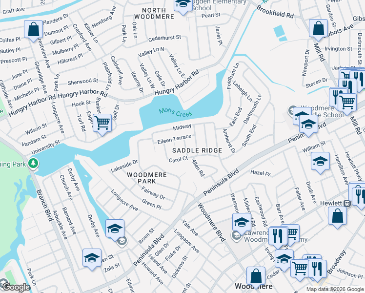 map of restaurants, bars, coffee shops, grocery stores, and more near 561 Sunset Drive in Woodmere