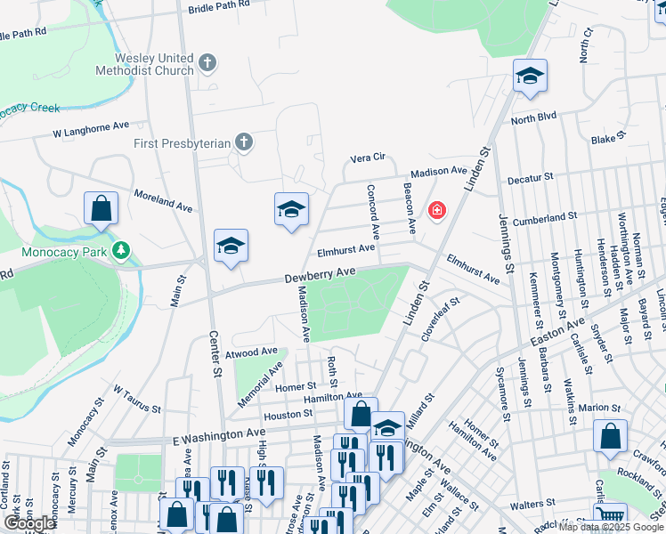 map of restaurants, bars, coffee shops, grocery stores, and more near 419 Dewberry Avenue in Bethlehem