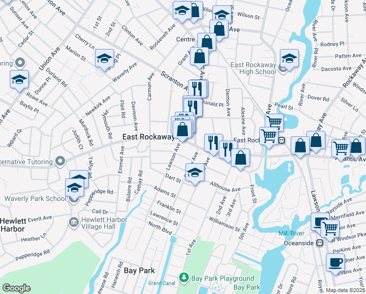 map of restaurants, bars, coffee shops, grocery stores, and more near 131 Main Street in East Rockaway
