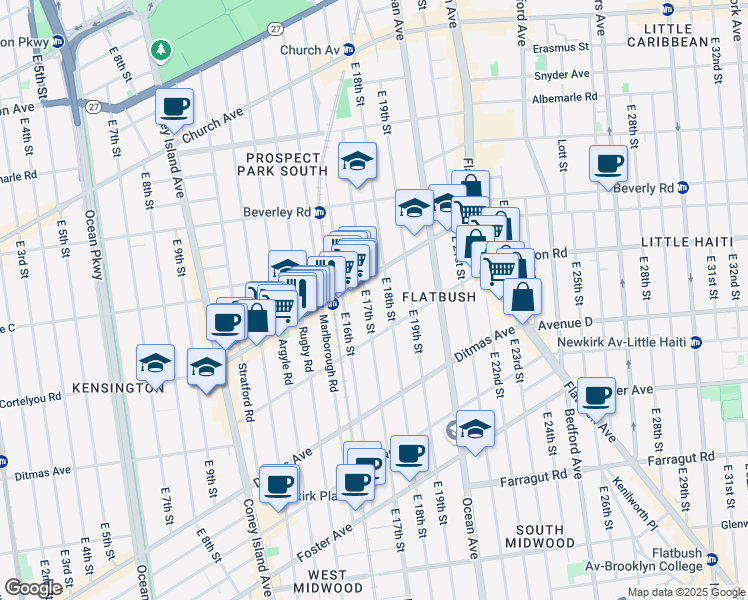 map of restaurants, bars, coffee shops, grocery stores, and more near 383 East 17th Street in Brooklyn