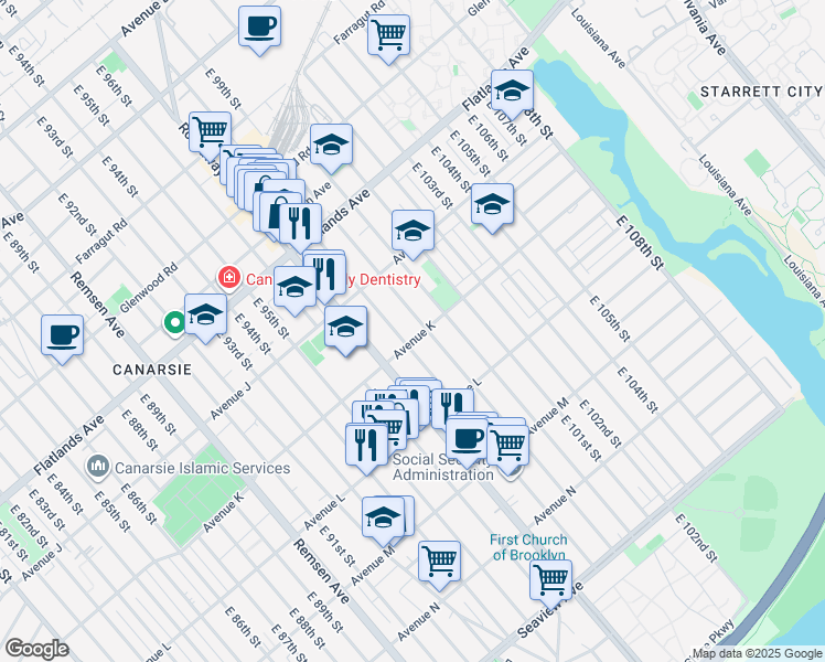 map of restaurants, bars, coffee shops, grocery stores, and more near 9802 Avenue K in Brooklyn