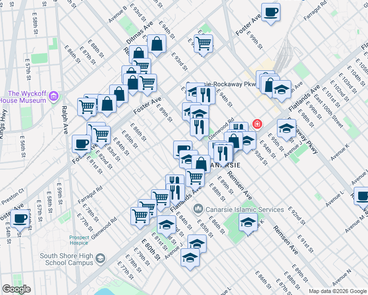 map of restaurants, bars, coffee shops, grocery stores, and more near 666 East 88th Street in Brooklyn