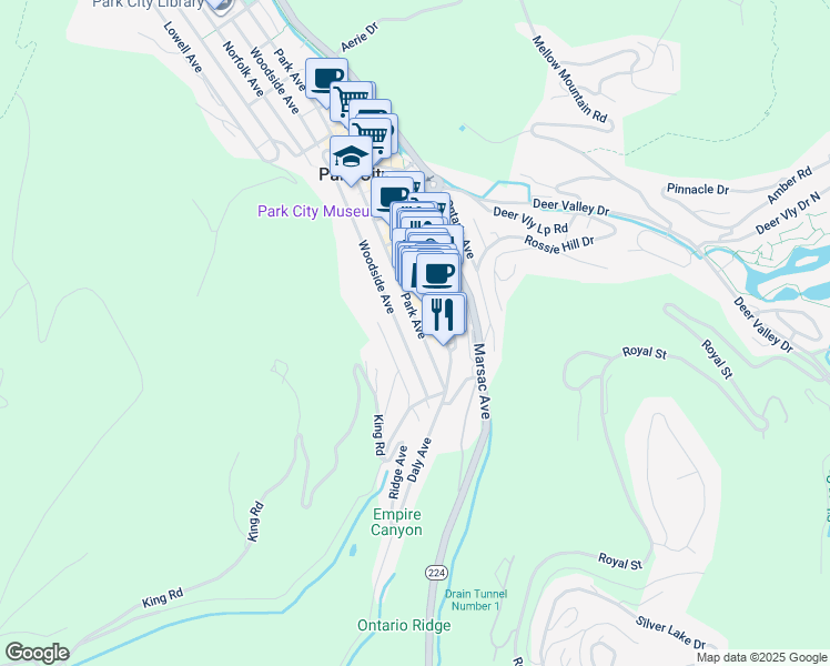 map of restaurants, bars, coffee shops, grocery stores, and more near 206 Park Avenue in Park City