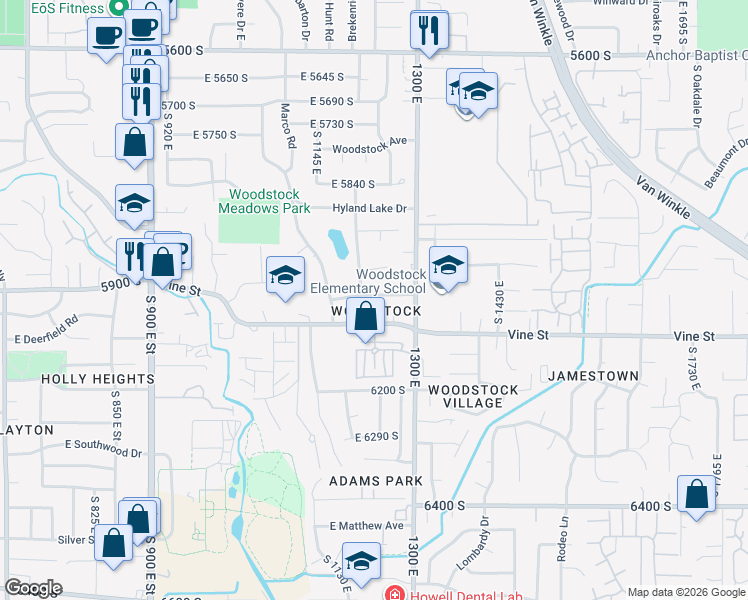 map of restaurants, bars, coffee shops, grocery stores, and more near 1215 Vine Street in Murray