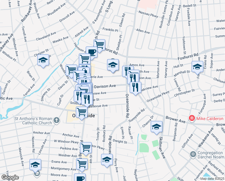 map of restaurants, bars, coffee shops, grocery stores, and more near 82 Fairview Avenue in Oceanside