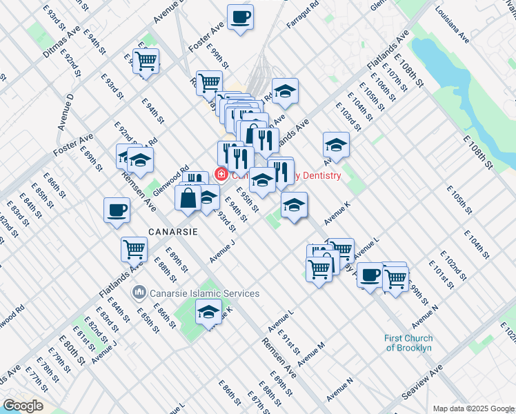 map of restaurants, bars, coffee shops, grocery stores, and more near 9501 Avenue J in Brooklyn