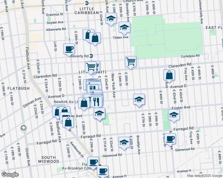 map of restaurants, bars, coffee shops, grocery stores, and more near 3310 Avenue D in Brooklyn
