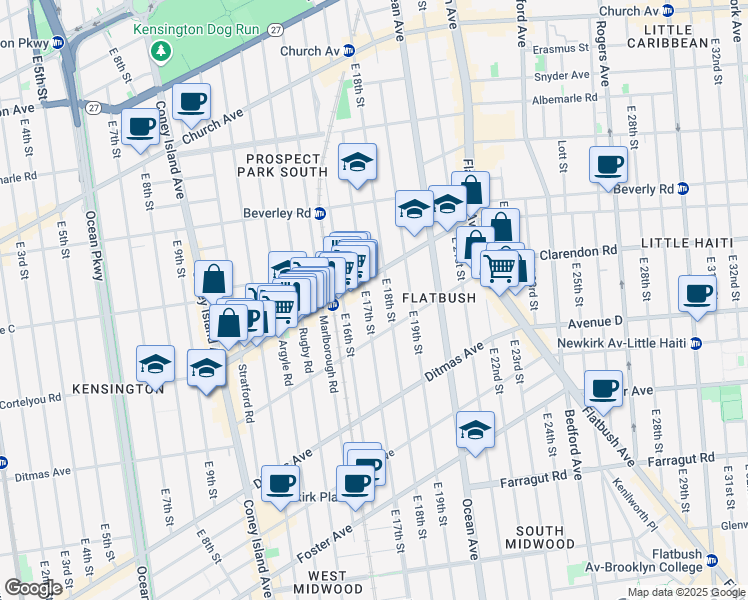 map of restaurants, bars, coffee shops, grocery stores, and more near 415 East 17th Street in Brooklyn