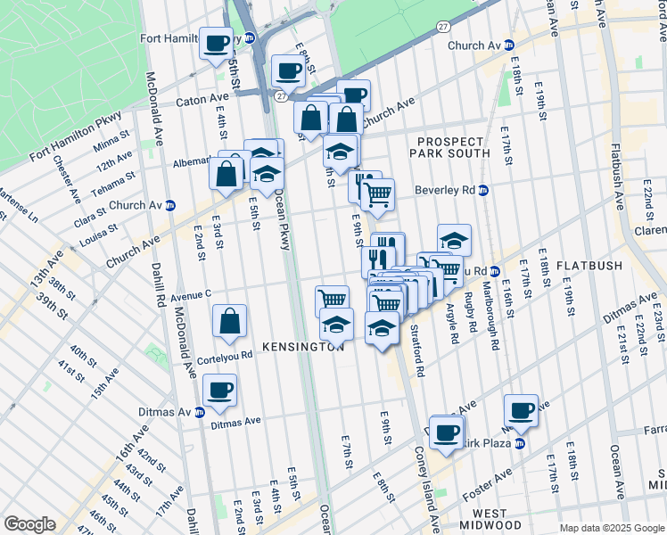 map of restaurants, bars, coffee shops, grocery stores, and more near 361 East 8th Street in Brooklyn