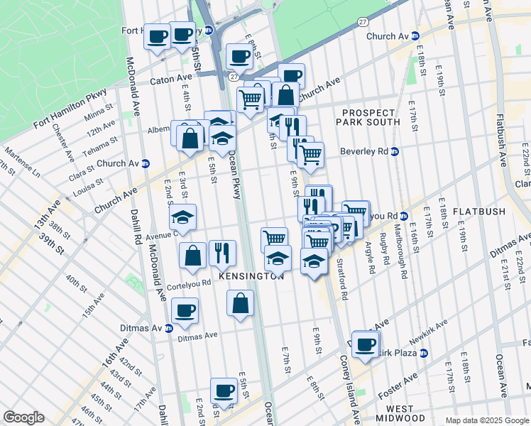 map of restaurants, bars, coffee shops, grocery stores, and more near 696 Avenue C in Brooklyn