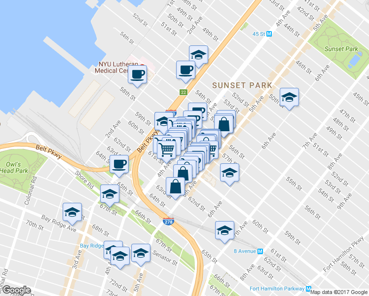 map of restaurants, bars, coffee shops, grocery stores, and more near 414 59th Street in Brooklyn
