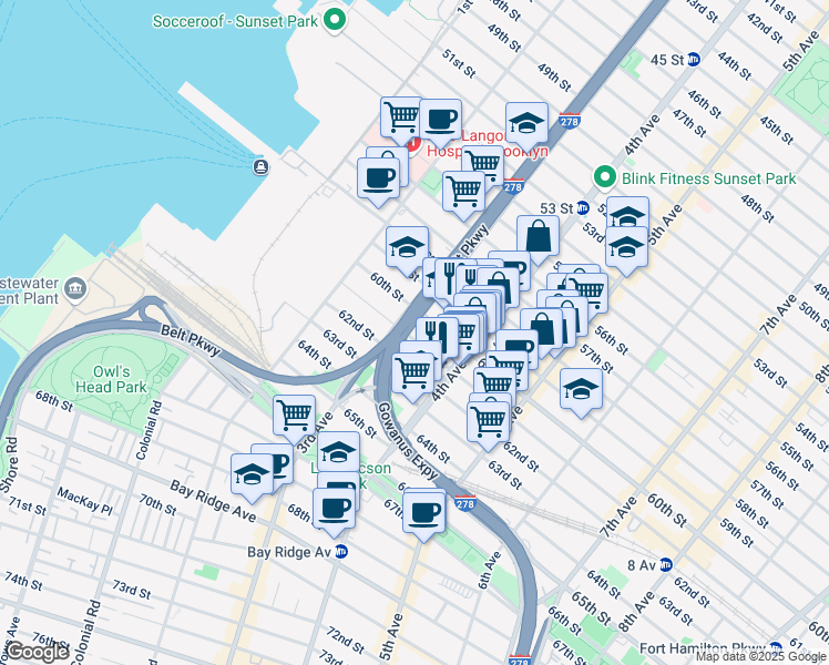 map of restaurants, bars, coffee shops, grocery stores, and more near 328 61st Street in Brooklyn