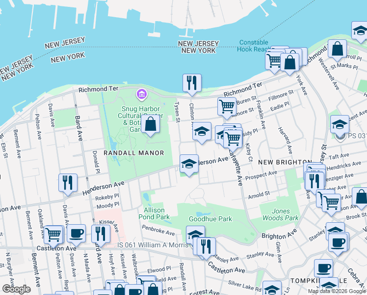 map of restaurants, bars, coffee shops, grocery stores, and more near 144 Clinton Avenue in Staten Island