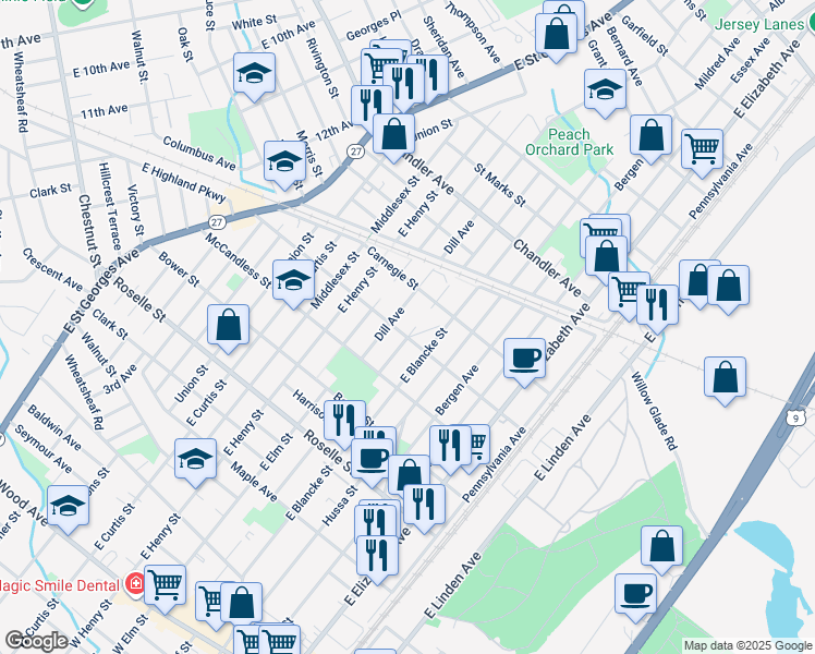 map of restaurants, bars, coffee shops, grocery stores, and more near 510 Lincoln Street in Linden
