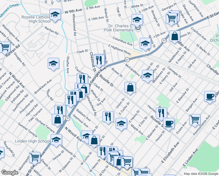 map of restaurants, bars, coffee shops, grocery stores, and more near 512 Van Buren Avenue in Linden