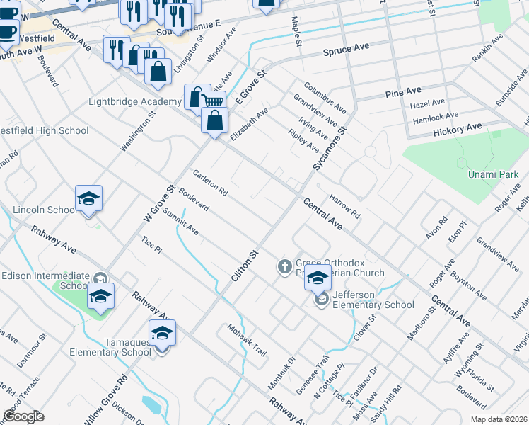 map of restaurants, bars, coffee shops, grocery stores, and more near 940 Carleton Road in Westfield