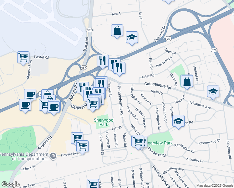 map of restaurants, bars, coffee shops, grocery stores, and more near 2335 Stonehenge Road in Bethlehem